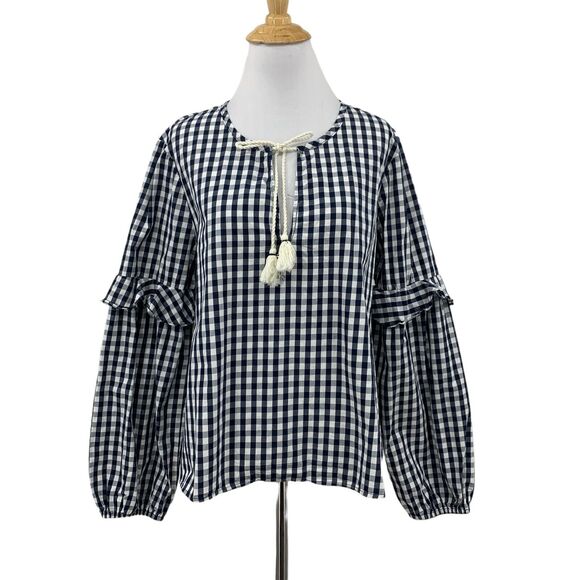 Splendid Blouse Womens L Large Navy Gingham Check Ruffled Sleeve Tassel Tie Top - Picture 1 of 13